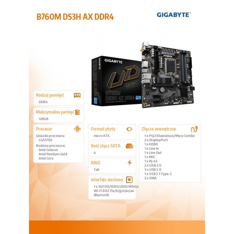 Płyta główna B760M DS3H AX DDR4 s1700 4DDR4 HDMI mATX  Płyta główna B760M DS3H AX DDR4 s1700 4DDR4 HDMI mATX