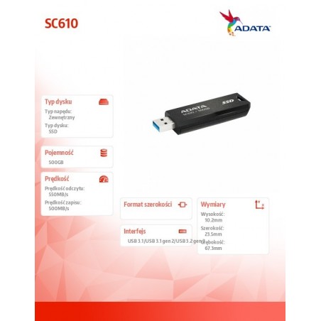 Dysk SSD zewnętrzny SC610 500G USB3.2A Gen2 czarny Dysk SSD zewnętrzny SC610 500G USB3.2A Gen2 czarny