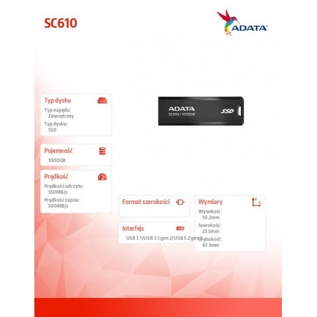 Dysk SSD zewnętrzny SC610 1000 GB USB3.2A Gen2 czarny Dysk SSD zewnętrzny SC610 1000 GB USB3.2A Gen2 czarny