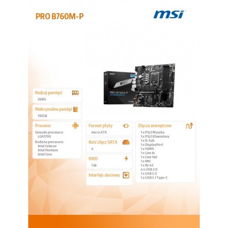 Płyta główna PRO B760M-P s1700 4DDR5 DP/HDMI 2M.2 mATX Płyta główna PRO B760M-P s1700 4DDR5 DP/HDMI 2M.2 mATX