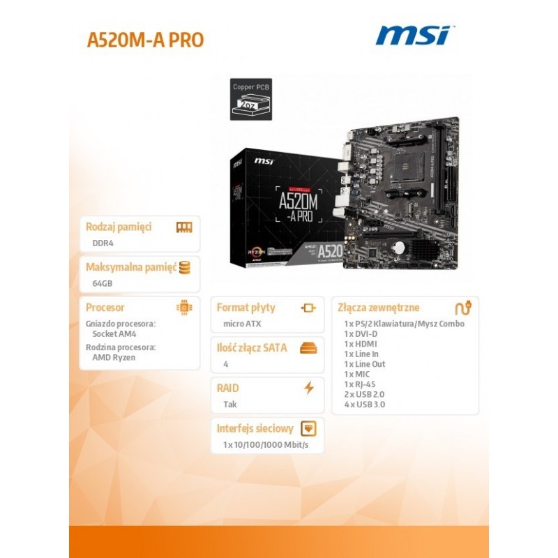 Płyta główna A520M-A PRO AM4 2DDR4 DVI/HDMI USB 3.2 mATX Płyta główna A520M-A PRO AM4 2DDR4 DVI/HDMI USB 3.2 mATX