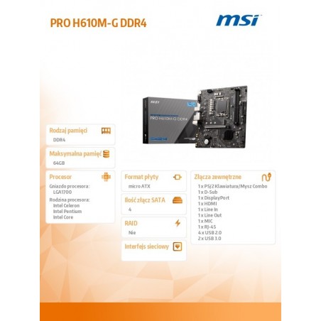 Płyta główna PRO H610M-G s1700 DDR4 DP/HDMI M.2 mATX Płyta główna PRO H610M-G s1700 DDR4 DP/HDMI M.2 mATX