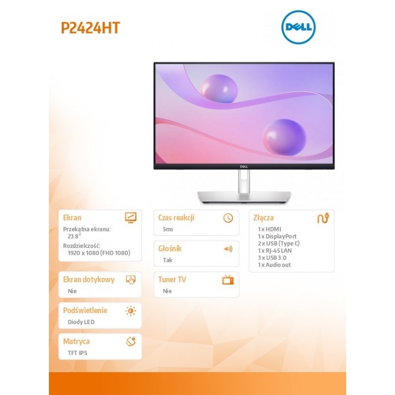 Monitor 23.8 cala P2424HT Dotykowy FHD/16:9/HDMI/DP/USBC/RJ45/3Y  Monitor 23.8 cala P2424HT Dotykowy FHD/16:9/HDMI/DP/USBC/RJ45/3Y