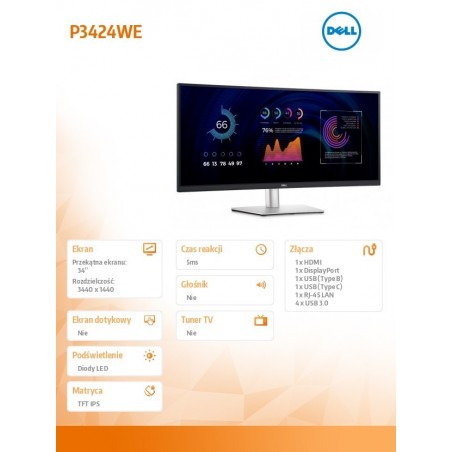 Monitor 34 cale P3424WE Zakrzywiony 21:9/3440x1440/IPS/USBC/RJ45/HDMI/DP/3Y Monitor 34 cale P3424WE Zakrzywiony 21:9/3440x1440/IPS/USBC/RJ45/HDMI/DP/3Y