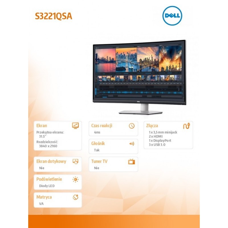 Monitor zakrzywiony 31.5 cala S3221QSA VA 4K (3840x2160)/16:9/HDMI/DP/USB/ /Speakers/3Y  Monitor zakrzywiony 31.5 cala S3221QSA VA 4K (3840x2160)/16:9/HDMI/DP/USB/ /Speakers/3Y