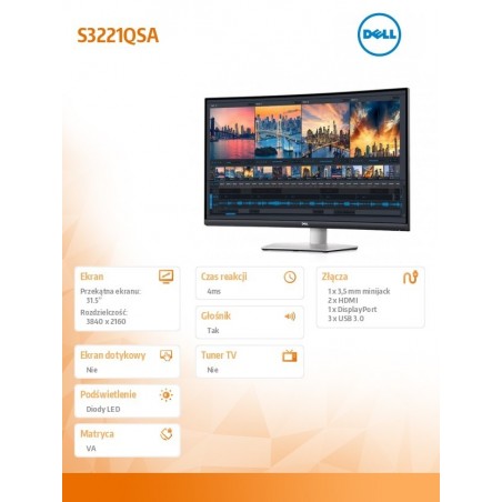 Monitor zakrzywiony 31.5 cala S3221QSA VA 4K (3840x2160)/16:9/HDMI/DP/USB/ /Speakers/3Y Monitor zakrzywiony 31.5 cala S3221QSA VA 4K (3840x2160)/16:9/HDMI/DP/USB/ /Speakers/3Y