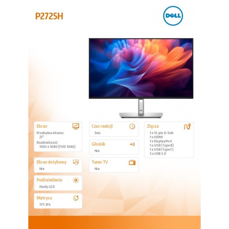 Monitor 27 cali P2725H IPS LED Full HD(1920x1080)/16:9/HDMI/DP/VGA/USB-C/USB/3Y Monitor 27 cali P2725H IPS LED Full HD(1920x1080)/16:9/HDMI/DP/VGA/USB-C/USB/3Y