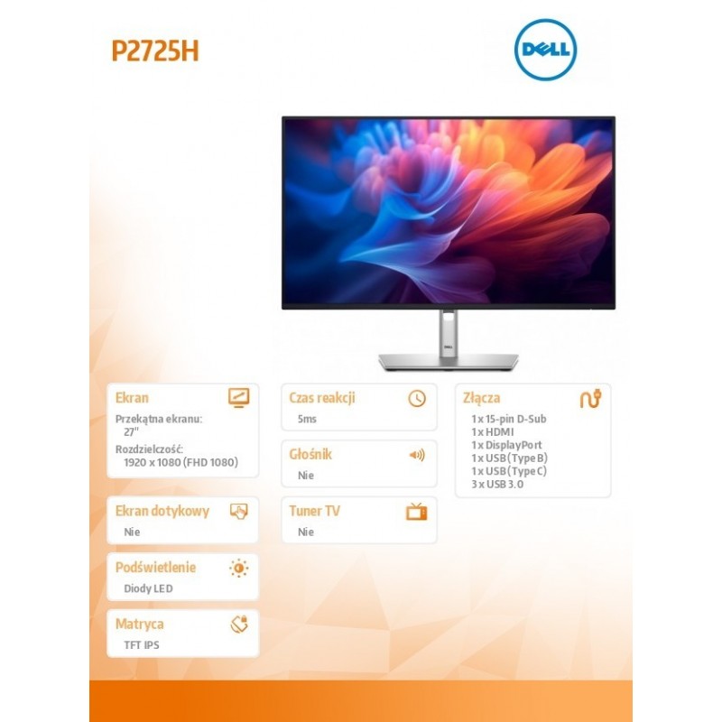 Monitor 27 cali P2725H IPS LED Full HD(1920x1080)/16:9/HDMI/DP/USB-C/VGA/USB/5Y Monitor 27 cali P2725H IPS LED Full HD(1920x1080)/16:9/HDMI/DP/USB-C/VGA/USB/5Y