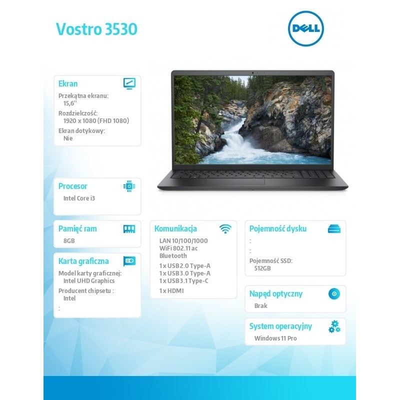 Notebook Vostro 3530 Win11Pro i3-1305U/8GB/512GB SSD/15.6 FHD/Intel UHD/FgrPr/Cam & Mic/WLAN + BT/Backlit Kb/3 Cell/3YPS 