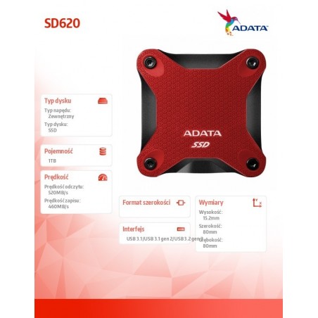 Dysk zewnętrzny SSD SD620 1TB U3.2A 520/460 MB/s czerwony Dysk zewnętrzny SSD SD620 1TB U3.2A 520/460 MB/s czerwony