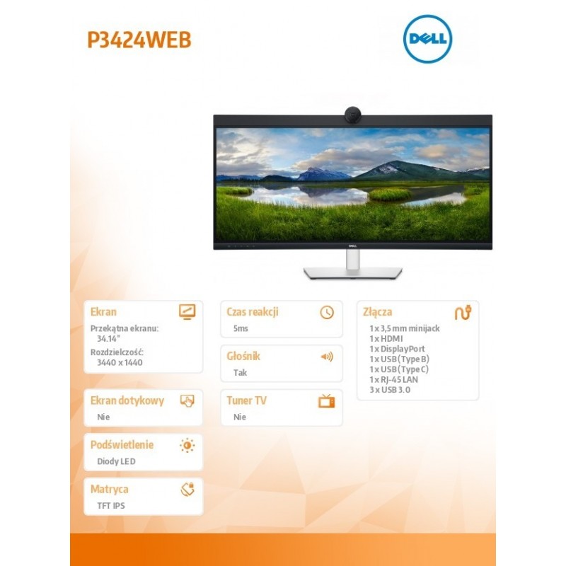 Monitor P3424WEB 34 cale IPS Zakrzywiony WQHD (3440x1440)/21:9/HDMI/DP/USB-C/RJ-45/Kamera/Głośniki/Mikrofon/3Y Monitor P3424WEB 34 cale IPS Zakrzywiony WQHD (3440x1440)/21:9/HDMI/DP/USB-C/RJ-45/Kamera/Głośniki/Mikrofon/3Y