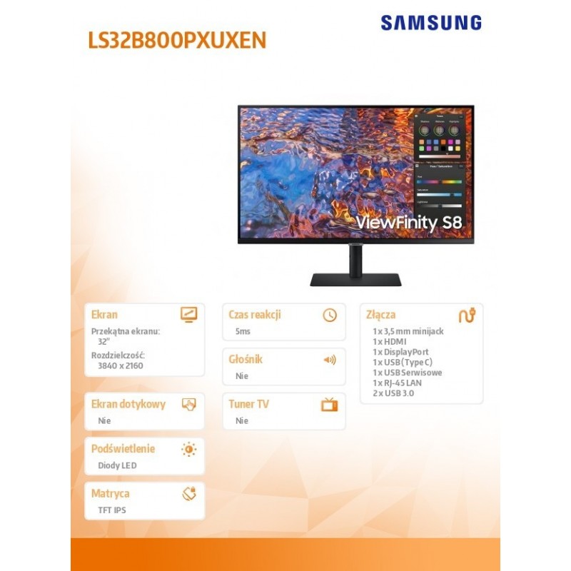 Monitor  32 cale LS32B800PXUXEN IPS 3840x2160 UHD 16:9   1xHDMI 1xUSB-C (90W) 1xDP 3xUSB 3.0 LAN (RJ45) 5ms HAS+PIVOT płaski 3 