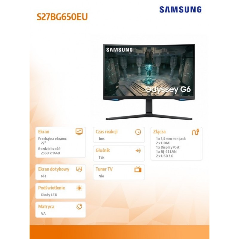 Monitor 27 cali LS27BG650EUXEN VA 2560x1440 16:9 2xHDMI/1xDP/LAN(RJ45)/2xUSB3.0 1ms(GTG) WiFi/BT głośniki zakrzywiony HAS+PIV  Monitor 27 cali LS27BG650EUXEN VA 2560x1440 16:9 2xHDMI/1xDP/LAN(RJ45)/2xUSB3.0 1ms(GTG) WiFi/BT głośniki zakrzywiony HAS+PIV