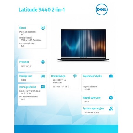 Notebook Latitude 9440 2in1 Win11Pro i7-1365U/32GB/512GB SSD/2in1 14.0 QHD+ Touch/Intel Iris Xe/FgrPr/IR Cam/Mic/WLAN + BT/Backl Notebook Latitude 9440 2in1 Win11Pro i7-1365U/32GB/512GB SSD/2in1 14.0 QHD+ Touch/Intel Iris Xe/FgrPr/IR Cam/Mic/WLAN + BT/Backl