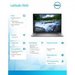 Notebook Latitude 7640 Win11Pro i7-1355U/16GB/512GB SSD/16.0 FHD/Intel IrisXe/ThBlt & FgrPr & SmtCd/FHD/IR Cam/Mic/LTE 4G+BT/Bac