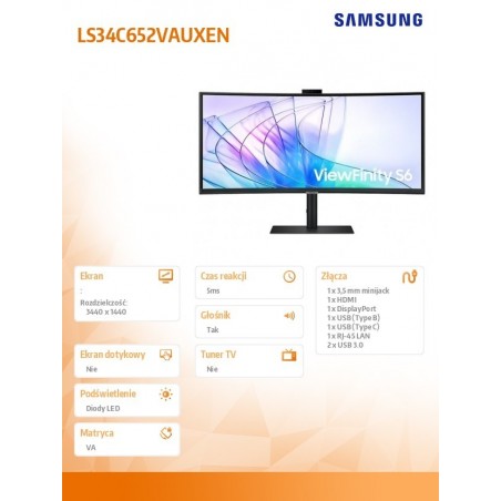 Monitor 34 cale LS34C652VAUXEN VA 3440x1440 UWQHD 21:9 1xHDMI 1xDP 1xUSB-C (90W) 2xUSB 3.0 LAN (RJ45) 5ms HAS Webcam głośniki Monitor 34 cale LS34C652VAUXEN VA 3440x1440 UWQHD 21:9 1xHDMI 1xDP 1xUSB-C (90W) 2xUSB 3.0 LAN (RJ45) 5ms HAS Webcam głośniki
