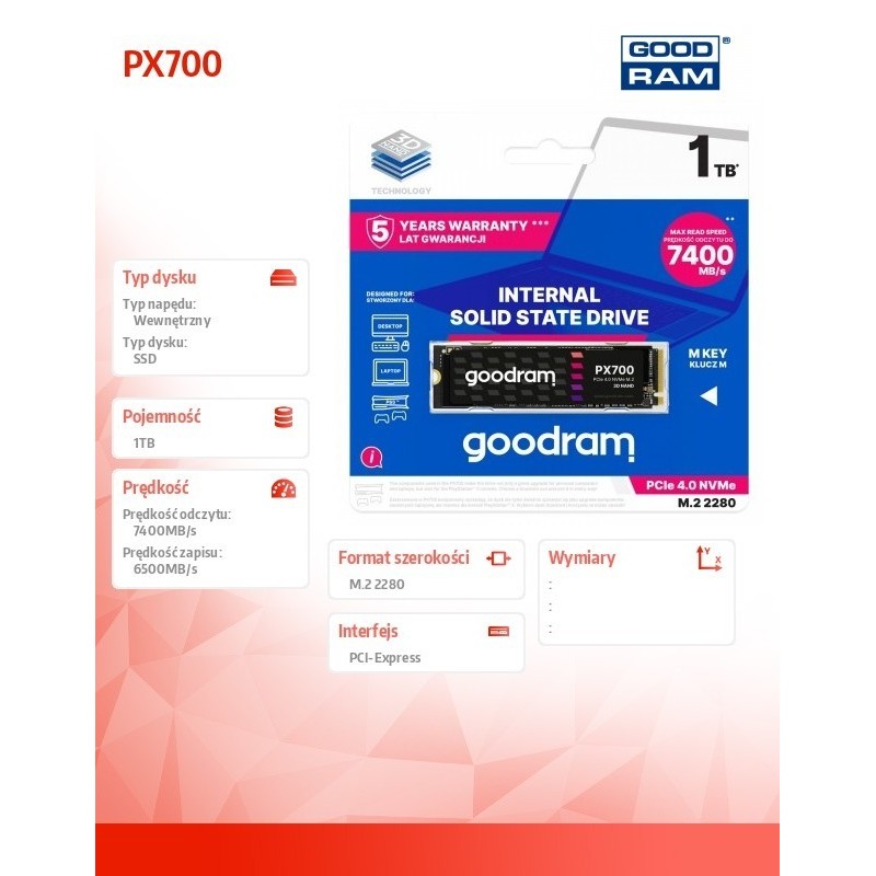 Dysk SSD PX700 1TB M.2 PCIe 2280 4x4 7400/6500MB/s Dysk SSD PX700 1TB M.2 PCIe 2280 4x4 7400/6500MB/s