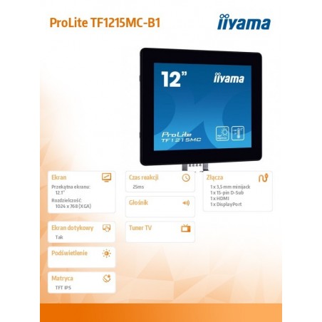 Monitor TF1215MC-B1 12cali IPS, HDMI, DP, VGA, IP65, poj.10pkt, 450cd/m2 Monitor TF1215MC-B1 12cali IPS, HDMI, DP, VGA, IP65, poj.10pkt, 450cd/m2