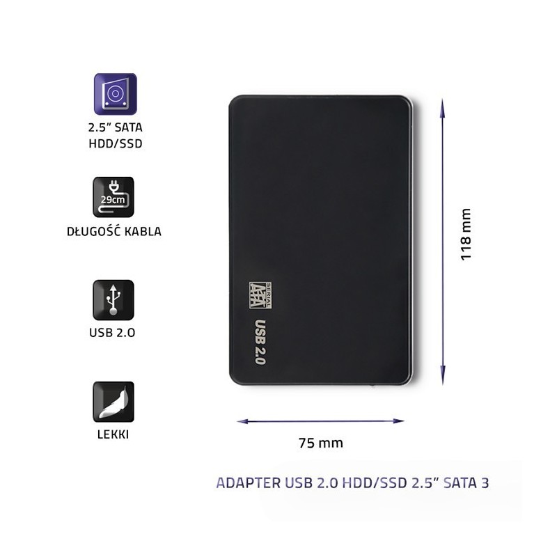 Obudowa na dysk HDD/SSD 2.5 cala SATA3 | USB 2.0 | Czarny Obudowa na dysk HDD/SSD 2.5 cala SATA3 | USB 2.0 | Czarny