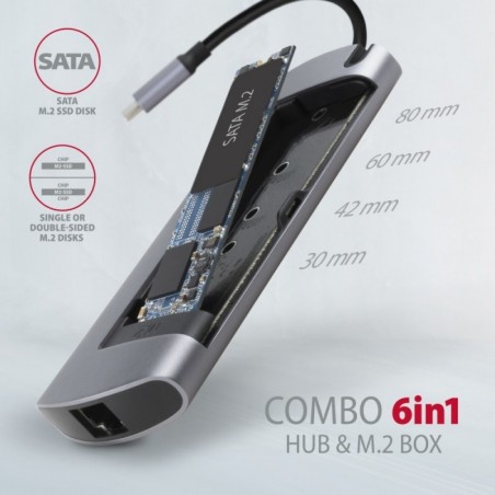 HMC-6M2 Wieloportowy hub USB-C 3.2 Gen 1, slot M.2 SATA + HDMI + GLAN + 2x USB-A + PD 100W HMC-6M2 Wieloportowy hub USB-C 3.2 Gen 1, slot M.2 SATA + HDMI + GLAN + 2x USB-A + PD 100W