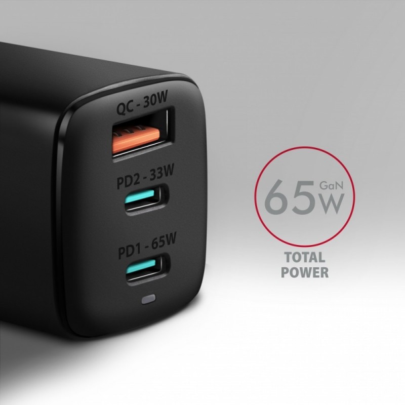 ACU-DPQ65 Ładowarka sieciowa, GaN 65W, 3x port (USB-A + dual USB-C), PD3.0/QC4+/PPS/Apple, czarna ACU-DPQ65 Ładowarka sieciowa, GaN 65W, 3x port (USB-A + dual USB-C), PD3.0/QC4+/PPS/Apple, czarna
