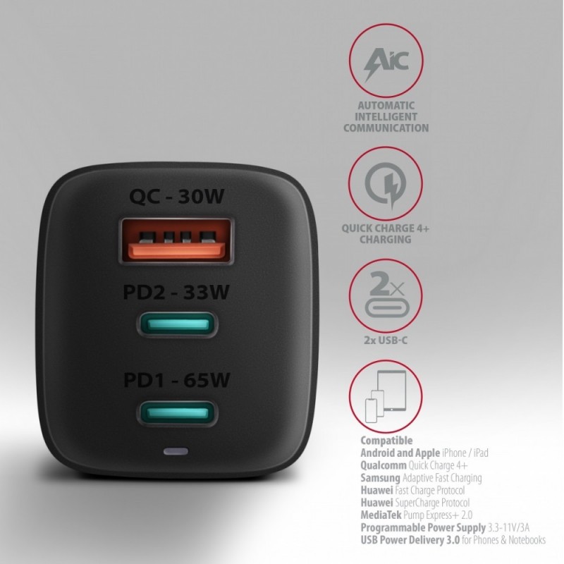 ACU-DPQ65 Ładowarka sieciowa, GaN 65W, 3x port (USB-A + dual USB-C), PD3.0/QC4+/PPS/Apple, czarna ACU-DPQ65 Ładowarka sieciowa, GaN 65W, 3x port (USB-A + dual USB-C), PD3.0/QC4+/PPS/Apple, czarna