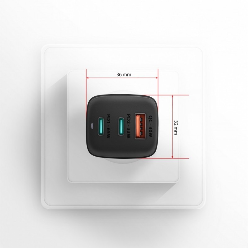 ACU-DPQ65 Ładowarka sieciowa, GaN 65W, 3x port (USB-A + dual USB-C), PD3.0/QC4+/PPS/Apple, czarna ACU-DPQ65 Ładowarka sieciowa, GaN 65W, 3x port (USB-A + dual USB-C), PD3.0/QC4+/PPS/Apple, czarna