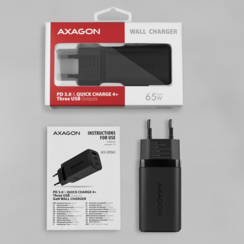 ACU-DPQ65 Ładowarka sieciowa, GaN 65W, 3x port (USB-A + dual USB-C), PD3.0/QC4+/PPS/Apple, czarna ACU-DPQ65 Ładowarka sieciowa, GaN 65W, 3x port (USB-A + dual USB-C), PD3.0/QC4+/PPS/Apple, czarna
