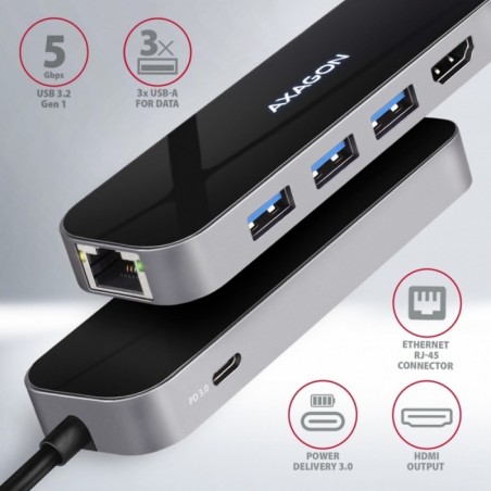 HMC-6GL Wieloportowy hub USB 6in1, 5Gbps, 3x USB-A, HDMI 4K/30Hz, GLAN, PD 100W, 20cm USB-C kabel HMC-6GL Wieloportowy hub USB 6in1, 5Gbps, 3x USB-A, HDMI 4K/30Hz, GLAN, PD 100W, 20cm USB-C kabel