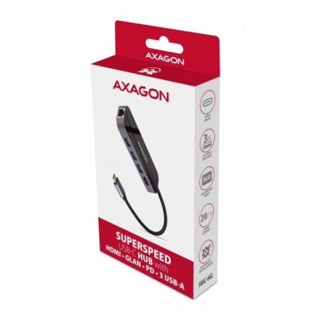 HMC-6GL Wieloportowy hub USB 6in1, 5Gbps, 3x USB-A, HDMI 4K/30Hz, GLAN, PD 100W, 20cm USB-C kabel HMC-6GL Wieloportowy hub USB 6in1, 5Gbps, 3x USB-A, HDMI 4K/30Hz, GLAN, PD 100W, 20cm USB-C kabel