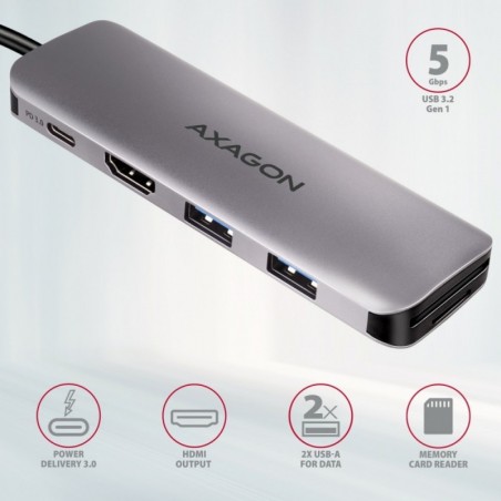 HMC-5 Wieloportowy hub USB 5in1, 5Gbps, 2x USB-A, HDMI 4K/30Hz, SD/microSD, PD 100W, 20cm USB-C kabel HMC-5 Wieloportowy hub USB 5in1, 5Gbps, 2x USB-A, HDMI 4K/30Hz, SD/microSD, PD 100W, 20cm USB-C kabel