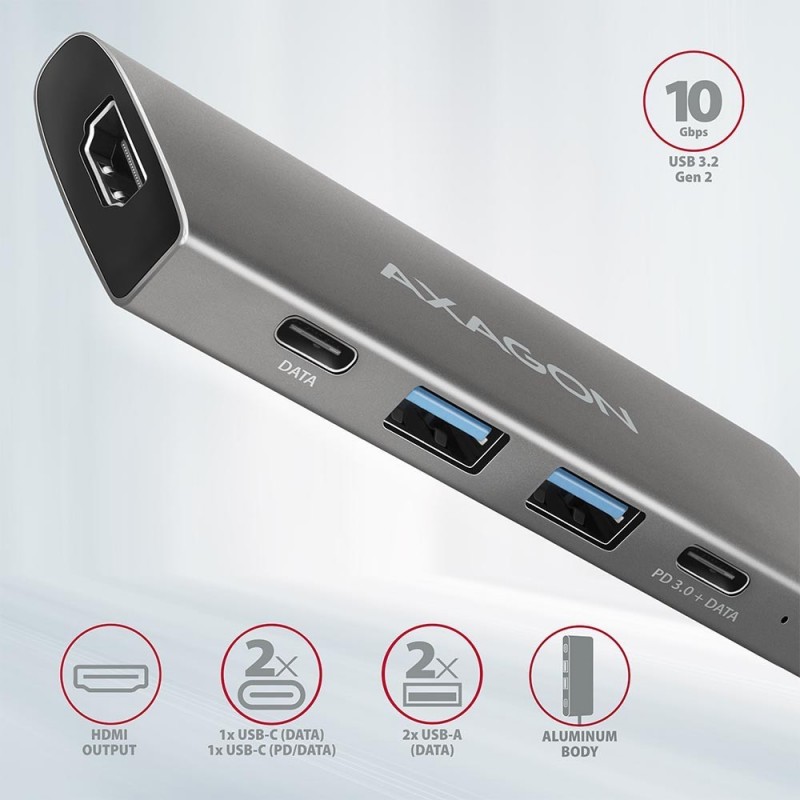 HMC-5G2 Wieloportowy hub USB 5in1, 10Gbps, 2x USB-A + 2x USB-C + HDMI 4K/60Hz, PD 100W, 13cm USB-C kabel HMC-5G2 Wieloportowy hub USB 5in1, 10Gbps, 2x USB-A + 2x USB-C + HDMI 4K/60Hz, PD 100W, 13cm USB-C kabel
