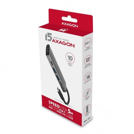 HMC-5G2 Wieloportowy hub USB 5in1, 10Gbps, 2x USB-A + 2x USB-C + HDMI 4K/60Hz, PD 100W, 13cm USB-C kabel HMC-5G2 Wieloportowy hub USB 5in1, 10Gbps, 2x USB-A + 2x USB-C + HDMI 4K/60Hz, PD 100W, 13cm USB-C kabel
