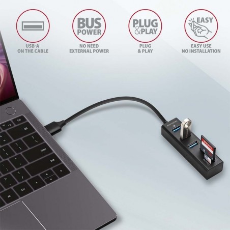 HMA-CR3A Wieloportowy hub 3x USB-A + SD/microSD, USB3.2 Gen 1 hub, metalowy, 20cm USB-A kabel HMA-CR3A Wieloportowy hub 3x USB-A + SD/microSD, USB3.2 Gen 1 hub, metalowy, 20cm USB-A kabel