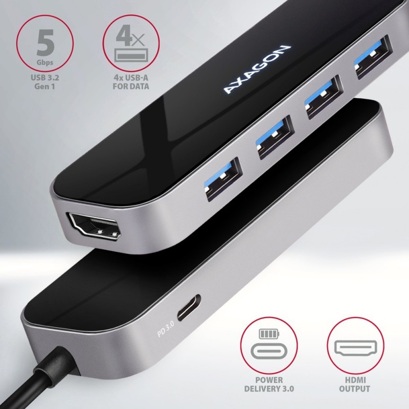 HMC-6H4A Wieloportowy hub 4x USB-A + HDMI, USB-C 3.2 Gen 1, PD 100W, 20cm USB-C kabel HMC-6H4A Wieloportowy hub 4x USB-A + HDMI, USB-C 3.2 Gen 1, PD 100W, 20cm USB-C kabel