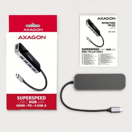 HMC-6H4A Wieloportowy hub 4x USB-A + HDMI, USB-C 3.2 Gen 1, PD 100W, 20cm USB-C kabel HMC-6H4A Wieloportowy hub 4x USB-A + HDMI, USB-C 3.2 Gen 1, PD 100W, 20cm USB-C kabel