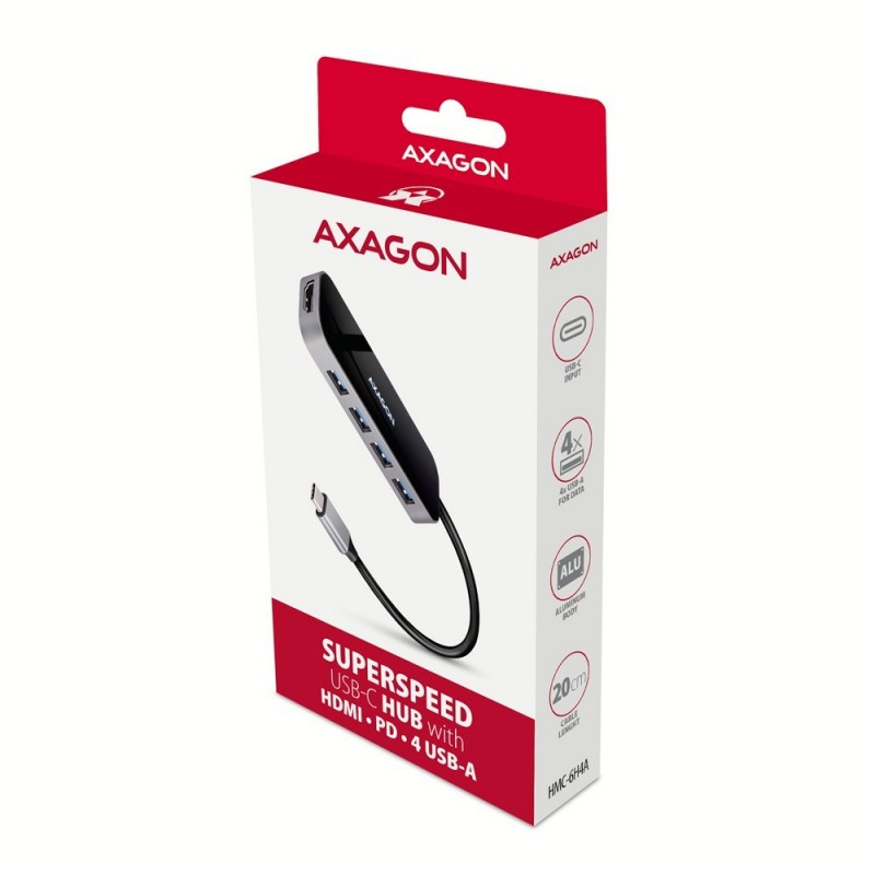 HMC-6H4A Wieloportowy hub 4x USB-A + HDMI, USB-C 3.2 Gen 1, PD 100W, 20cm USB-C kabel HMC-6H4A Wieloportowy hub 4x USB-A + HDMI, USB-C 3.2 Gen 1, PD 100W, 20cm USB-C kabel