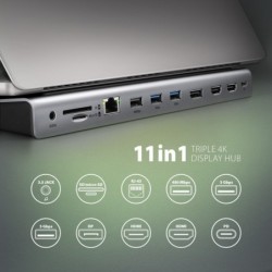 HMC-4KX3 Wieloportowy hub USB 11in1, 5Gbps, 3x USB-A, 2x HDMI 4K/60Hz+ DP 4K/60Hz+ GLAN + SD/microSD + audio, PD 100W, 40cm USB- HMC-4KX3 Wieloportowy hub USB 11in1, 5Gbps, 3x USB-A, 2x HDMI 4K/60Hz+ DP 4K/60Hz+ GLAN + SD/microSD + audio, PD 100W, 40cm USB-