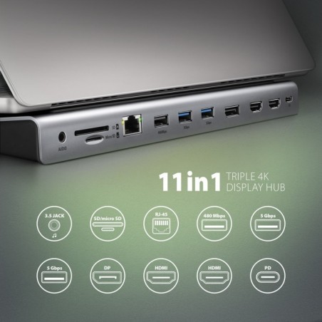 HMC-4KX3 Wieloportowy hub USB 11in1, 5Gbps, 3x USB-A, 2x HDMI 4K/60Hz+ DP 4K/60Hz+ GLAN + SD/microSD + audio, PD 100W, 40cm USB- HMC-4KX3 Wieloportowy hub USB 11in1, 5Gbps, 3x USB-A, 2x HDMI 4K/60Hz+ DP 4K/60Hz+ GLAN + SD/microSD + audio, PD 100W, 40cm USB-