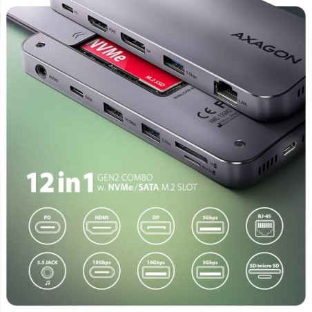 HMC-12GM2 Wieloportowy hub USB 12in1 + M.2 NVMe/SATA pozycja, 10Gbps, 3x USB-A, USB-C, HDMI 4K/60Hz, DP 4K/60Hz, GLAN, SD/microS HMC-12GM2 Wieloportowy hub USB 12in1 + M.2 NVMe/SATA pozycja, 10Gbps, 3x USB-A, USB-C, HDMI 4K/60Hz, DP 4K/60Hz, GLAN, SD/microS