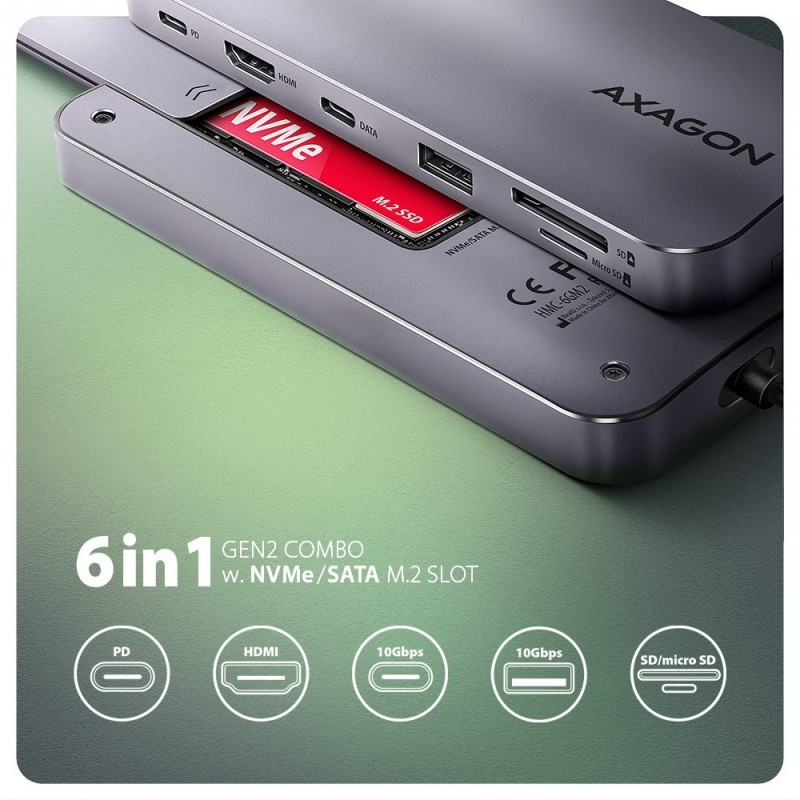 HMC-6GM2 Wieloportovy hub USB 6in1, 10Gbps, USB-A, USB-C, HDMI 4K/60Hz, M.2 NVMe/SATA, SD/microSD, PD 100W, 20cm USB-C kabel HMC-6GM2 Wieloportovy hub USB 6in1, 10Gbps, USB-A, USB-C, HDMI 4K/60Hz, M.2 NVMe/SATA, SD/microSD, PD 100W, 20cm USB-C kabel