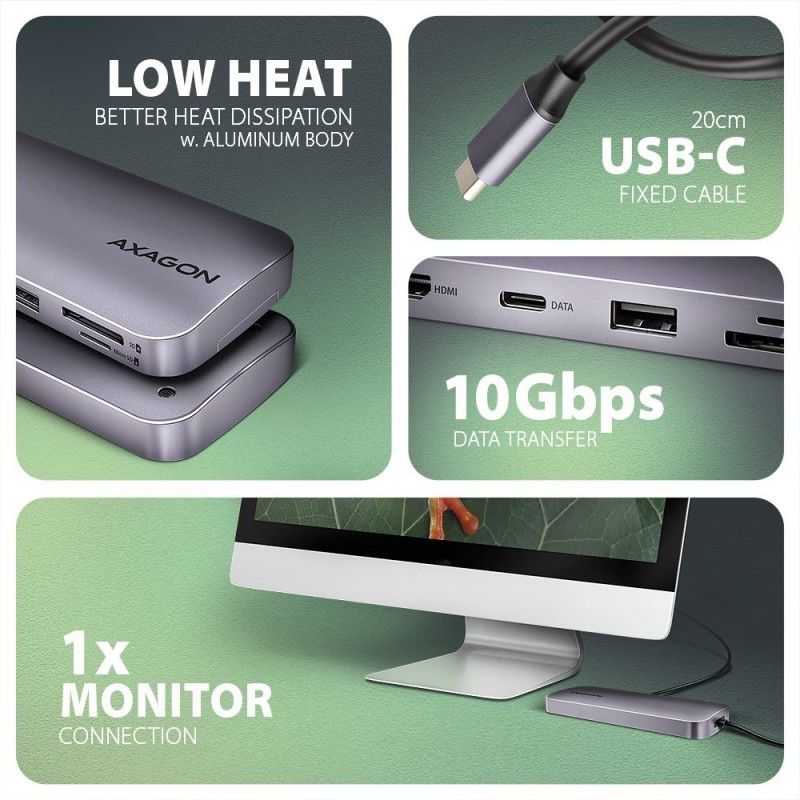 HMC-6GM2 Wieloportovy hub USB 6in1, 10Gbps, USB-A, USB-C, HDMI 4K/60Hz, M.2 NVMe/SATA, SD/microSD, PD 100W, 20cm USB-C kabel HMC-6GM2 Wieloportovy hub USB 6in1, 10Gbps, USB-A, USB-C, HDMI 4K/60Hz, M.2 NVMe/SATA, SD/microSD, PD 100W, 20cm USB-C kabel