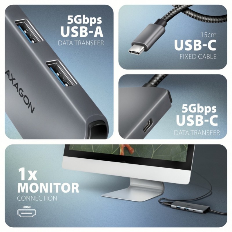 HMC-5H8K Wieloportowy hub USB 5in1, 5Gbps, 2x USB-A, 1x USB-C, HDMI 8K/30Hz, PD 100W, 15cm USB-C kabel HMC-5H8K Wieloportowy hub USB 5in1, 5Gbps, 2x USB-A, 1x USB-C, HDMI 8K/30Hz, PD 100W, 15cm USB-C kabel