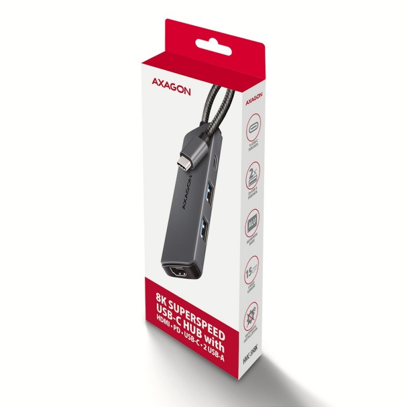 HMC-5H8K Wieloportowy hub USB 5in1, 5Gbps, 2x USB-A, 1x USB-C, HDMI 8K/30Hz, PD 100W, 15cm USB-C kabel HMC-5H8K Wieloportowy hub USB 5in1, 5Gbps, 2x USB-A, 1x USB-C, HDMI 8K/30Hz, PD 100W, 15cm USB-C kabel