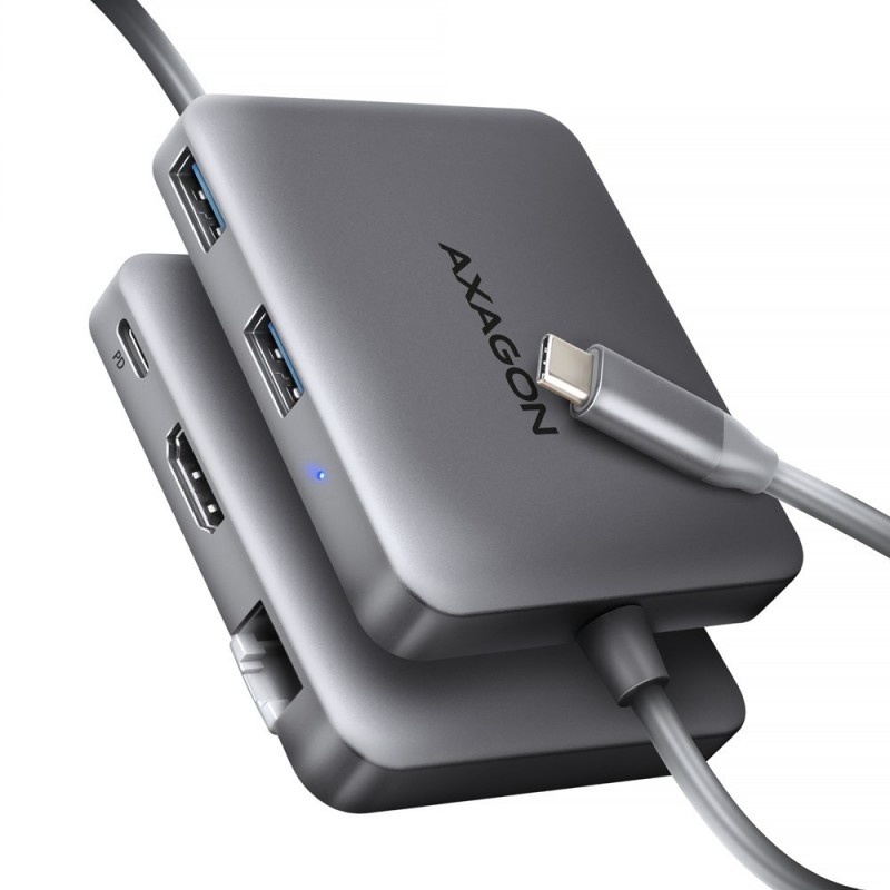 HMC-5HL Wieloportowy hub USB 5in1, 5Gbps, 2x USB-A, HDMI 4K/60Hz, GLAN, PD 100W, 15cm USB-C kabel