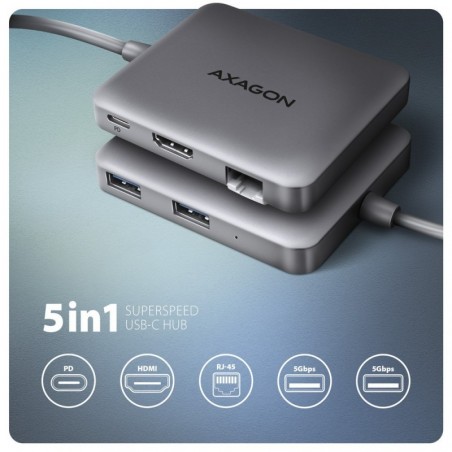 HMC-5HL Wieloportowy hub USB 5in1, 5Gbps, 2x USB-A, HDMI 4K/60Hz, GLAN, PD 100W, 15cm USB-C kabel HMC-5HL Wieloportowy hub USB 5in1, 5Gbps, 2x USB-A, HDMI 4K/60Hz, GLAN, PD 100W, 15cm USB-C kabel