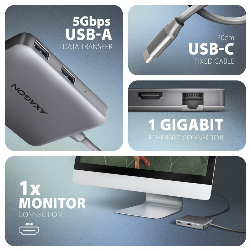 HMC-5HL Wieloportowy hub USB 5in1, 5Gbps, 2x USB-A, HDMI 4K/60Hz, GLAN, PD 100W, 15cm USB-C kabel