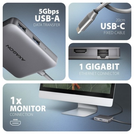 HMC-5HL Wieloportowy hub USB 5in1, 5Gbps, 2x USB-A, HDMI 4K/60Hz, GLAN, PD 100W, 15cm USB-C kabel HMC-5HL Wieloportowy hub USB 5in1, 5Gbps, 2x USB-A, HDMI 4K/60Hz, GLAN, PD 100W, 15cm USB-C kabel