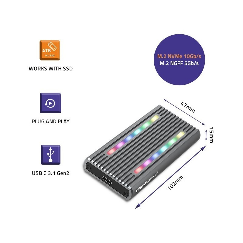 Obudowa | kieszeń na dysk M.2 SSD | SATA | NVMe | RGB LED | USB-C| 4TB 