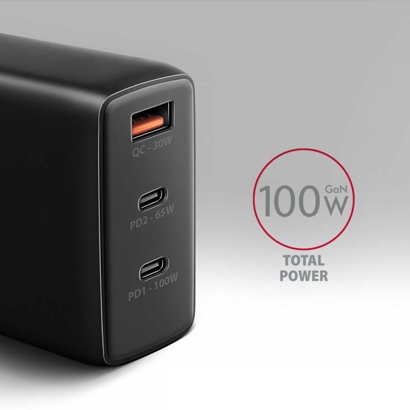 ACU-DPQ100 Ładowarka sieciowa GaN 100W, 3x port (USB-A + dual USB-C) PD3.0/QC4+/PPS/Apple Czarna ACU-DPQ100 Ładowarka sieciowa GaN 100W, 3x port (USB-A + dual USB-C) PD3.0/QC4+/PPS/Apple Czarna